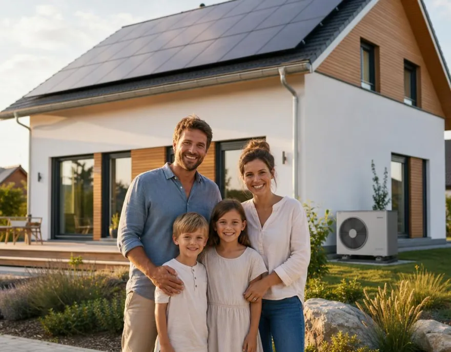 Fertighaus mit PV und Wärmepumpe: Wohnbauförderung nutzen Junge Familie vor ihrem Fertighaus-Neubau mit Photovoltaik und Wärmepumpe – gute Ausgangslage für die Wohnbauförderung der Länder
