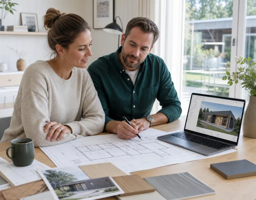 Fertighaus digital planen: Grundriss, Dachform und Ausstattung Paar plant sein Fertighaus am Tisch mit Grundriss, Materialmustern und 3D-Konfigurator am Laptop