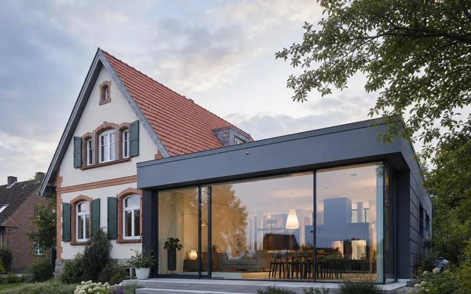 Moderner Flachdach-Anbau mit Glasfront am Bestandshaus in Österreich – Modulerweiterung mit klarem Budget 2026 Moderner Flachdach-Anbau mit Glasfront am Bestandshaus in Österreich – Modulerweiterung mit klarem Budget 2026