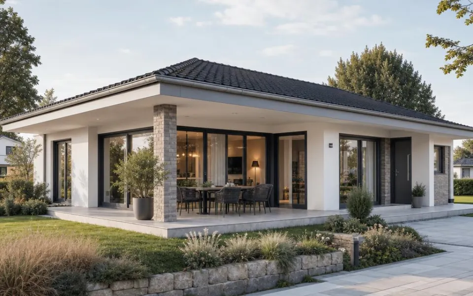 Ebenerdiger Bungalow als Fertighaus in Österreich mit überdachter Terrasse und bodentiefen Fenstern – barrierefrei 2026 Ebenerdiger Bungalow als Fertighaus in Österreich mit überdachter Terrasse und bodentiefen Fenstern – barrierefrei 2026