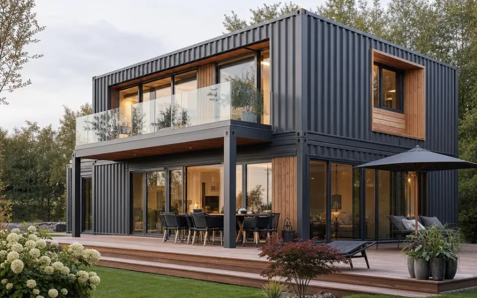 Containerhaus mit anthrazitfarbener Fassade, Holzdeck und Glasschiebetüren in Österreich – Kostenbeispiel 2026 Containerhaus mit anthrazitfarbener Fassade, Holzdeck und Glasschiebetüren in Österreich – Kostenbeispiel 2026