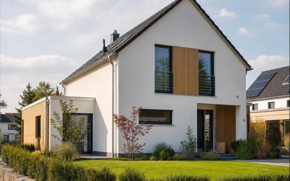Frei stehendes Einfamilienhaus als Fertighaus in Österreich mit Satteldach und Holzdetails – Preisbeispiel 2026 Frei stehendes Einfamilienhaus als Fertighaus in Österreich mit Satteldach und Holzdetails – Preisbeispiel 2026