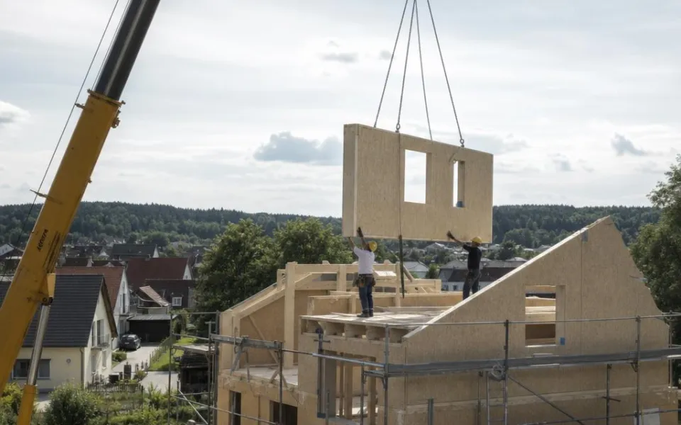 Fertighaus-Montage in Österreich: Kran setzt vorgefertigtes Wandelement – vom Werk zur Baustelle in wenigen Tagen 2026 Fertighaus-Montage in Österreich: Kran setzt vorgefertigtes Wandelement – vom Werk zur Baustelle in wenigen Tagen 2026