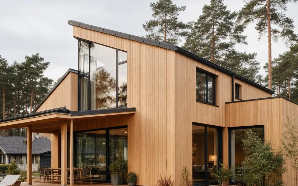 Holzhaus als Fertighaus in Österreich mit naturheller Holzfassade im alpinen Stil – Quadratmeterpreise Holzbau 2026 Holzhaus als Fertighaus in Österreich mit naturheller Holzfassade im alpinen Stil – Quadratmeterpreise Holzbau 2026