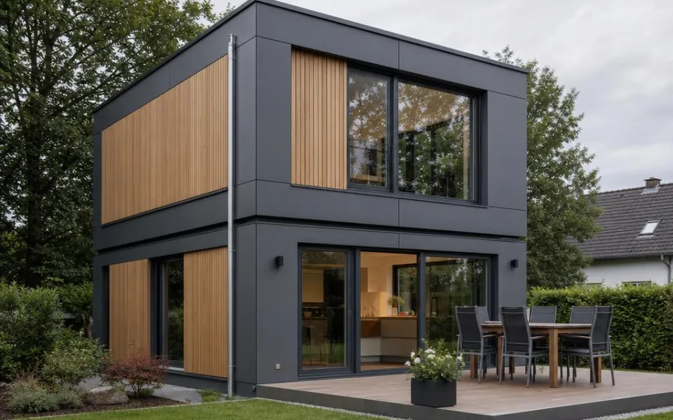 Modulhaus aus zwei gestapelten Raummodulen mit Anthrazit-Holz-Fassade in Österreich – schlüsselfertige Modulpreise 2026 Modulhaus aus zwei gestapelten Raummodulen mit Anthrazit-Holz-Fassade in Österreich – schlüsselfertige Modulpreise 2026