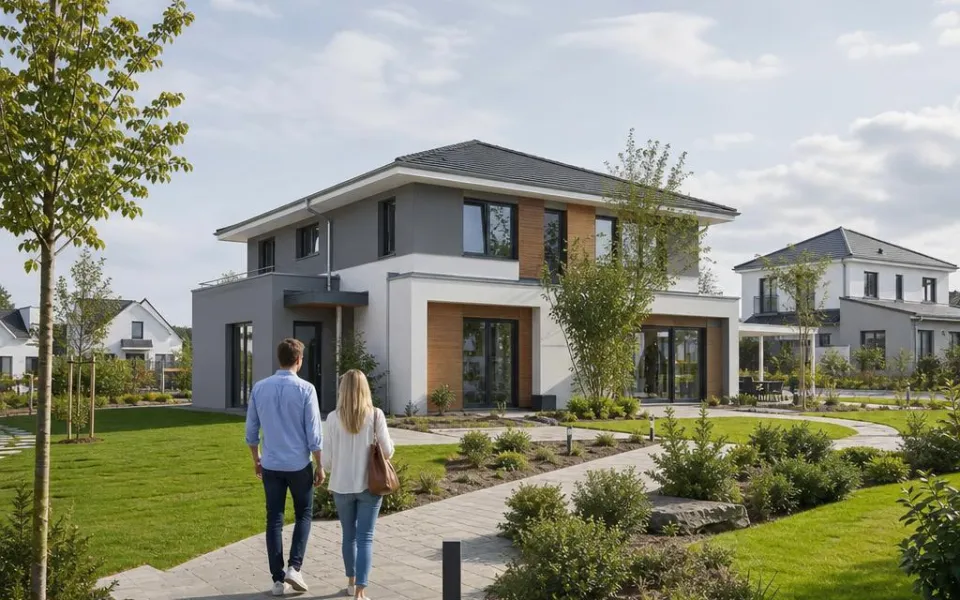 Paar unterwegs durch einen Musterhauspark in Österreich zu einem modernen Ausstellungshaus – Besichtigung planen 2026 Paar unterwegs durch einen Musterhauspark in Österreich zu einem modernen Ausstellungshaus – Besichtigung planen 2026