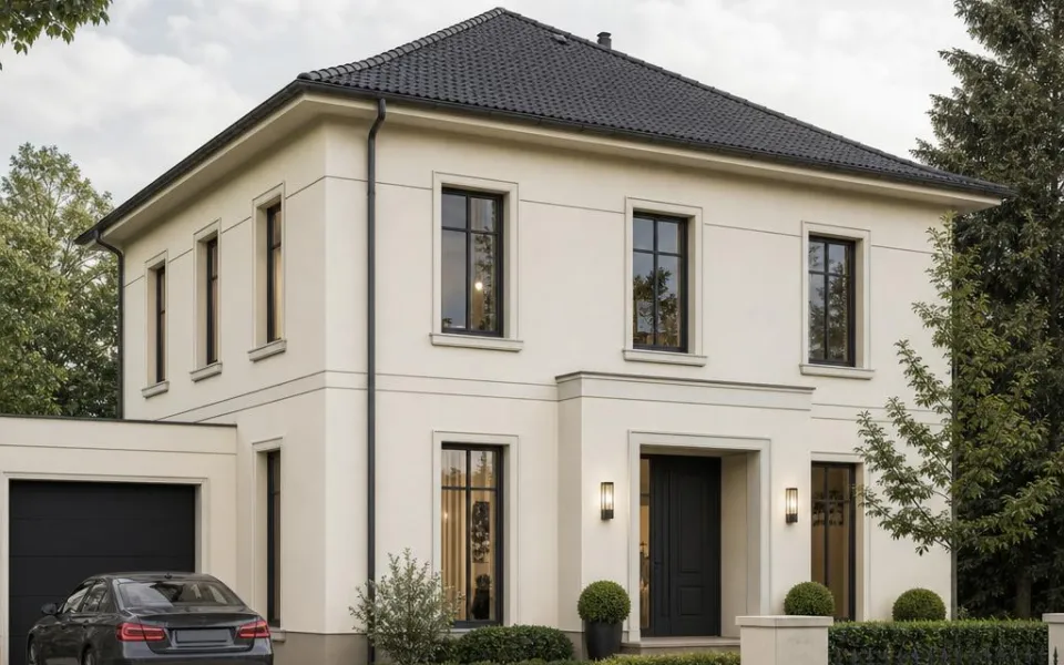 Stadtvilla als Fertighaus in Österreich mit Walmdach und zwei Vollgeschossen – Baukosten und Preisbeispiel 2026 Stadtvilla als Fertighaus in Österreich mit Walmdach und zwei Vollgeschossen – Baukosten und Preisbeispiel 2026