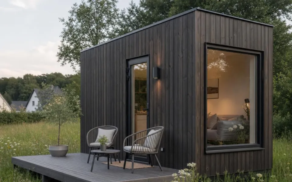 Tiny House mit dunkler Holzfassade und kleiner Terrasse in Österreich – Kleinhaus-Preise kompakt erklärt 2026 Tiny House mit dunkler Holzfassade und kleiner Terrasse in Österreich – Kleinhaus-Preise kompakt erklärt 2026