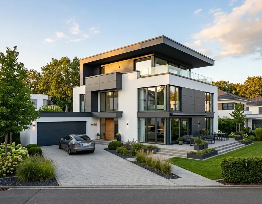 Fertighaus-Beispiel: moderne Architektur im Neubau Modernes Fertighaus mit klarer Architektur als Beispiel für einen Neubau in Österreich